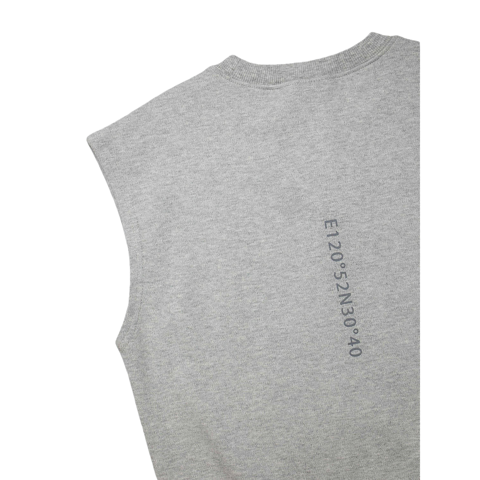 Detailed back view of the kids' grey sweat vest, showcasing the vertical coordinate-style graphic print on 340g/m2 cotton.