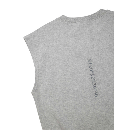 Detailed back view of the kids' grey sweat vest, showcasing the vertical coordinate-style graphic print on 340g/m2 cotton.