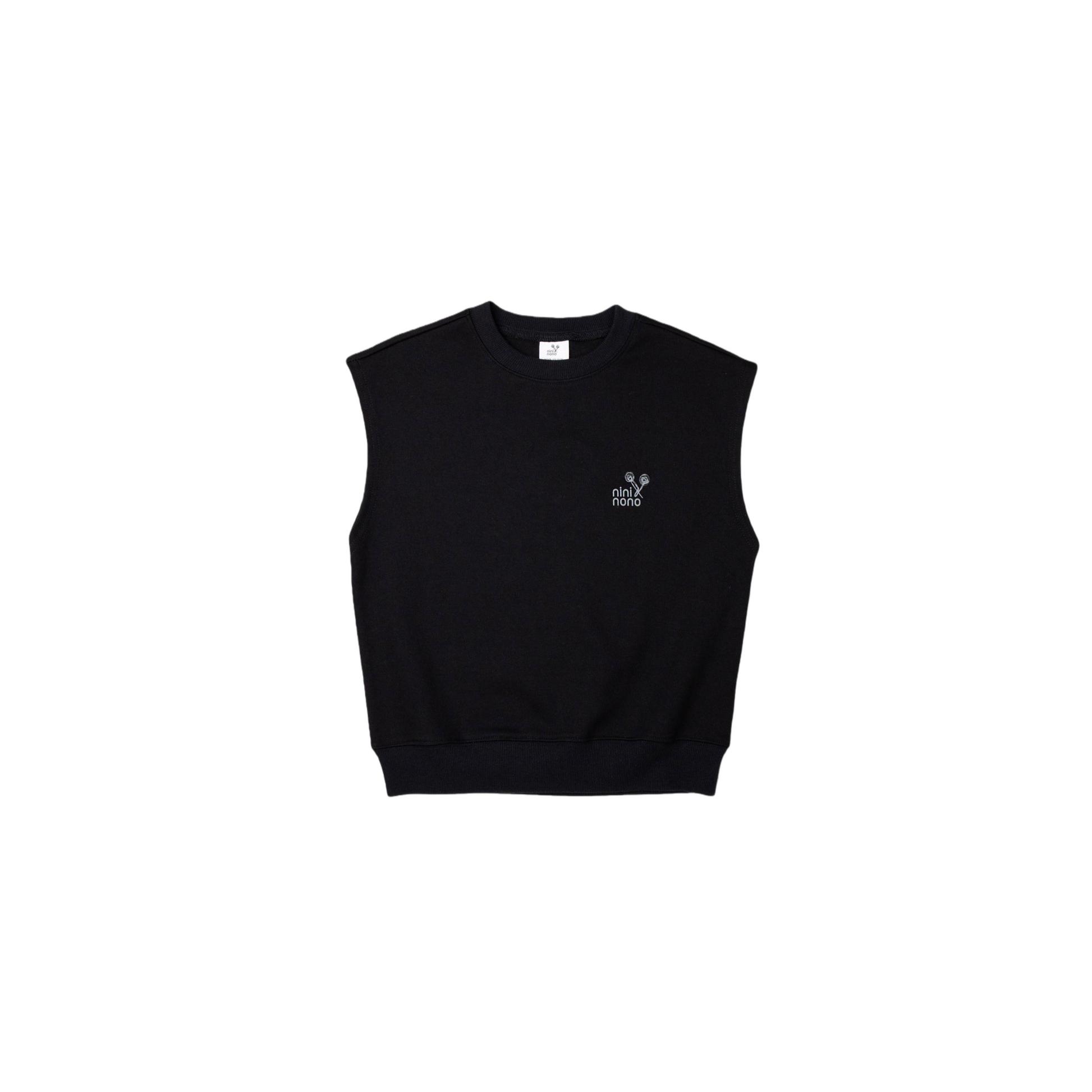 Front flat lay of the Jet Black minimalist sweat vest for kids, 340g/m2 heavyweight cotton fabric.