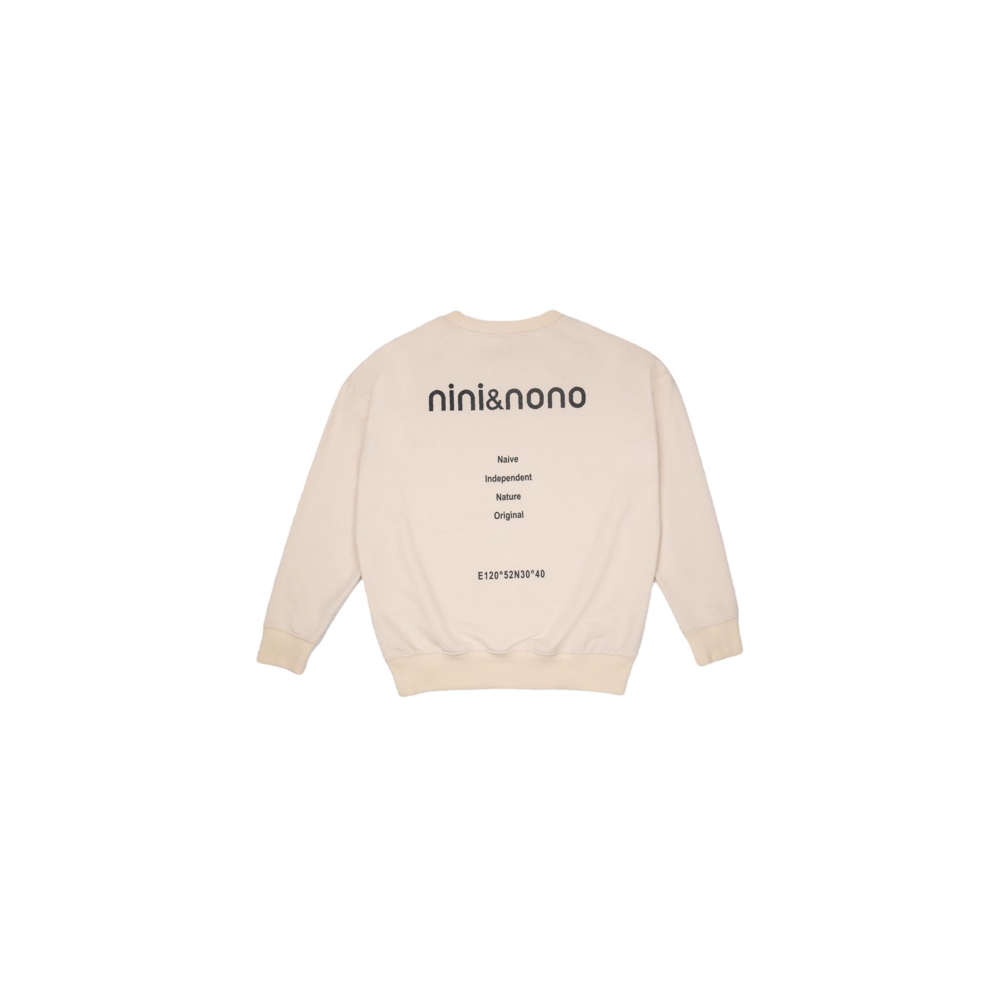 Full back view of the sweatshirt showing the clean tailoring and vertical branding detail.