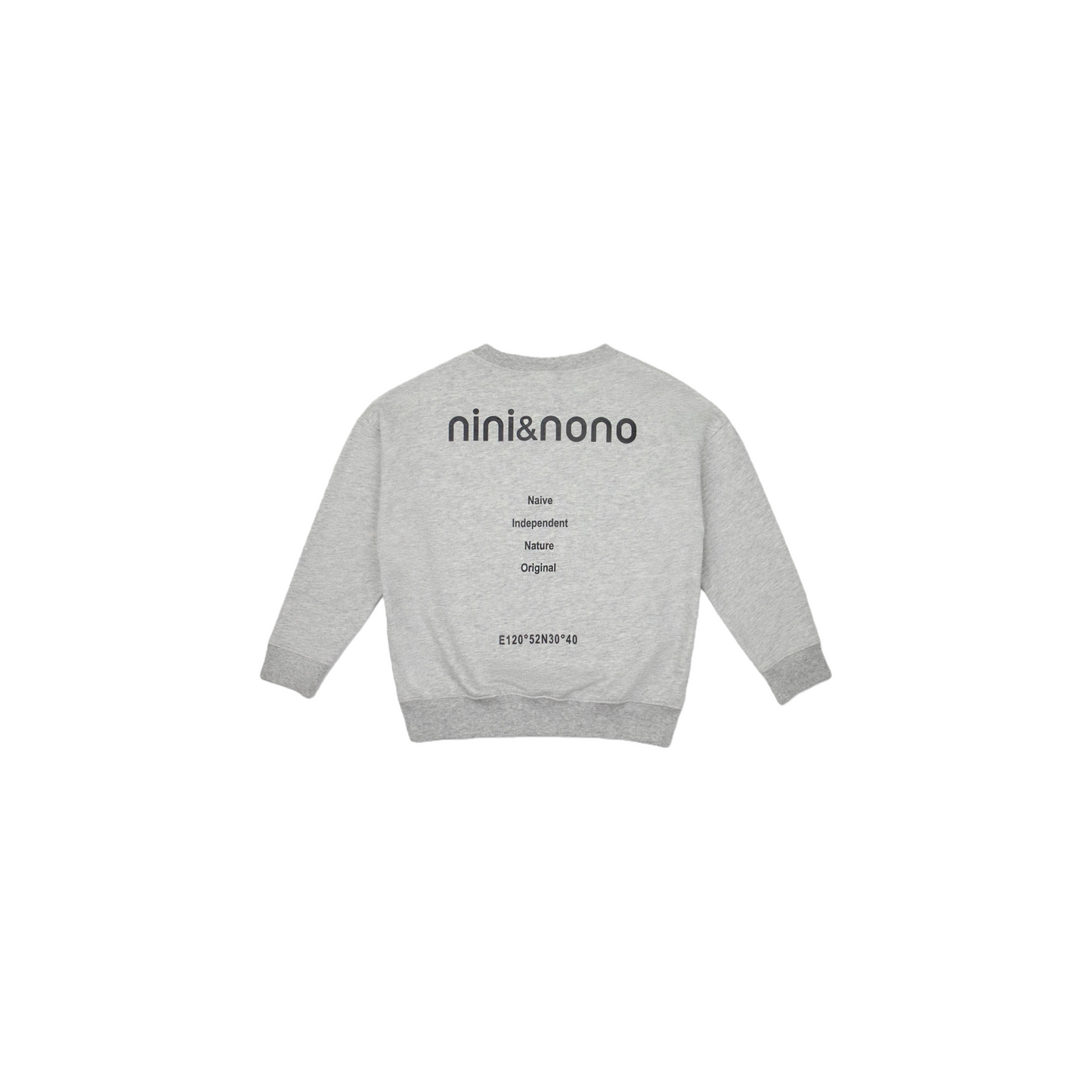 Full back view of the sweatshirt showing the clean tailoring and vertical branding detail.