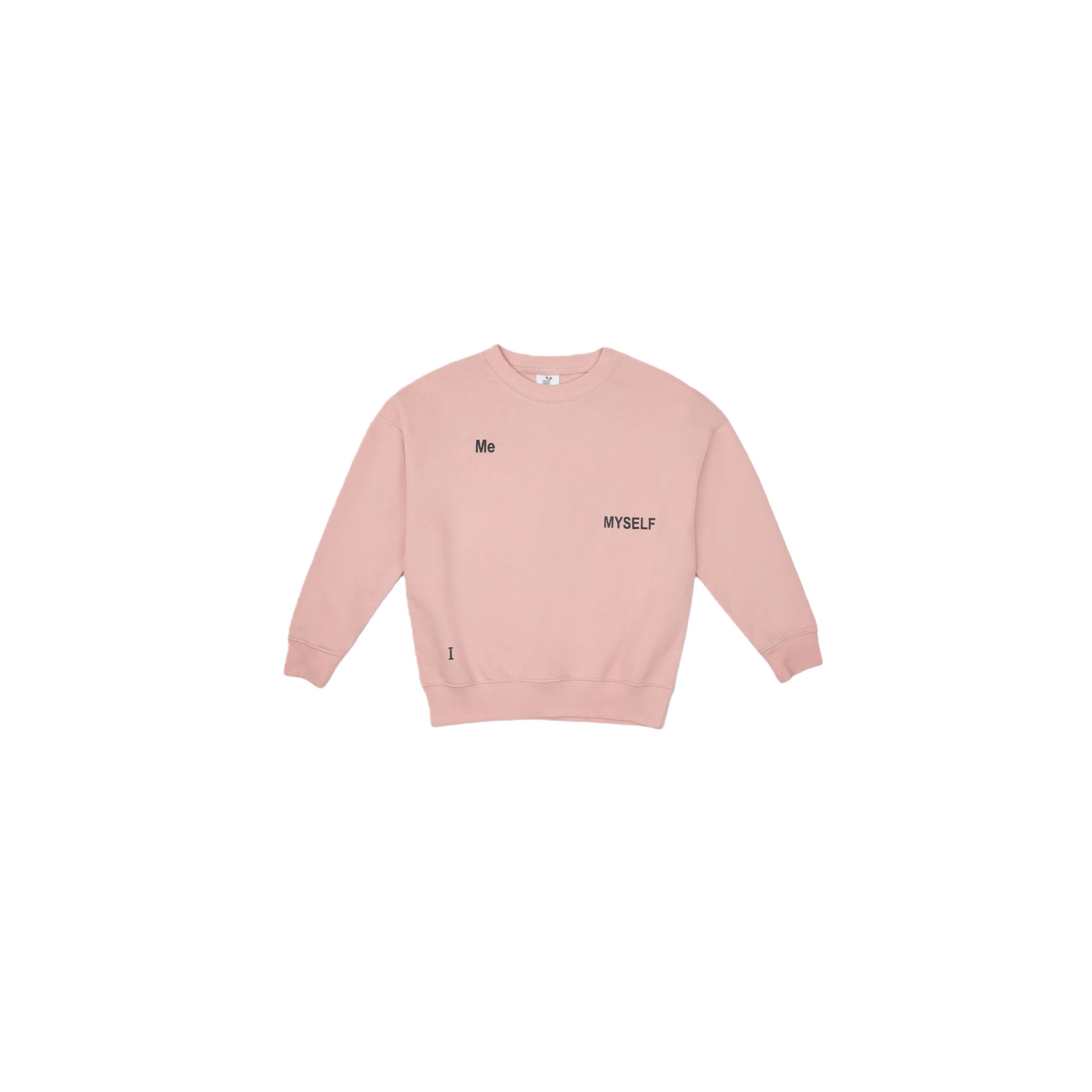 Front view of the soft pink classic crewneck sweatshirt, featuring the signature "Me, I, MYSELF" DNA minimalist print for a modern streetwear look.