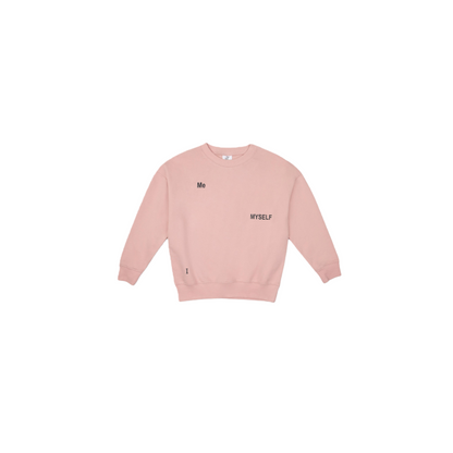 Front view of the soft pink classic crewneck sweatshirt, featuring the signature "Me, I, MYSELF" DNA minimalist print for a modern streetwear look.