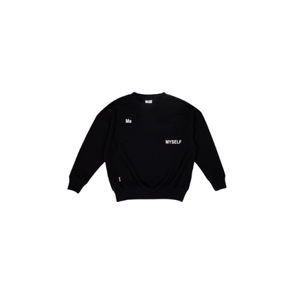 Front view of the classic black crewneck sweatshirt with crisp white DNA text print.