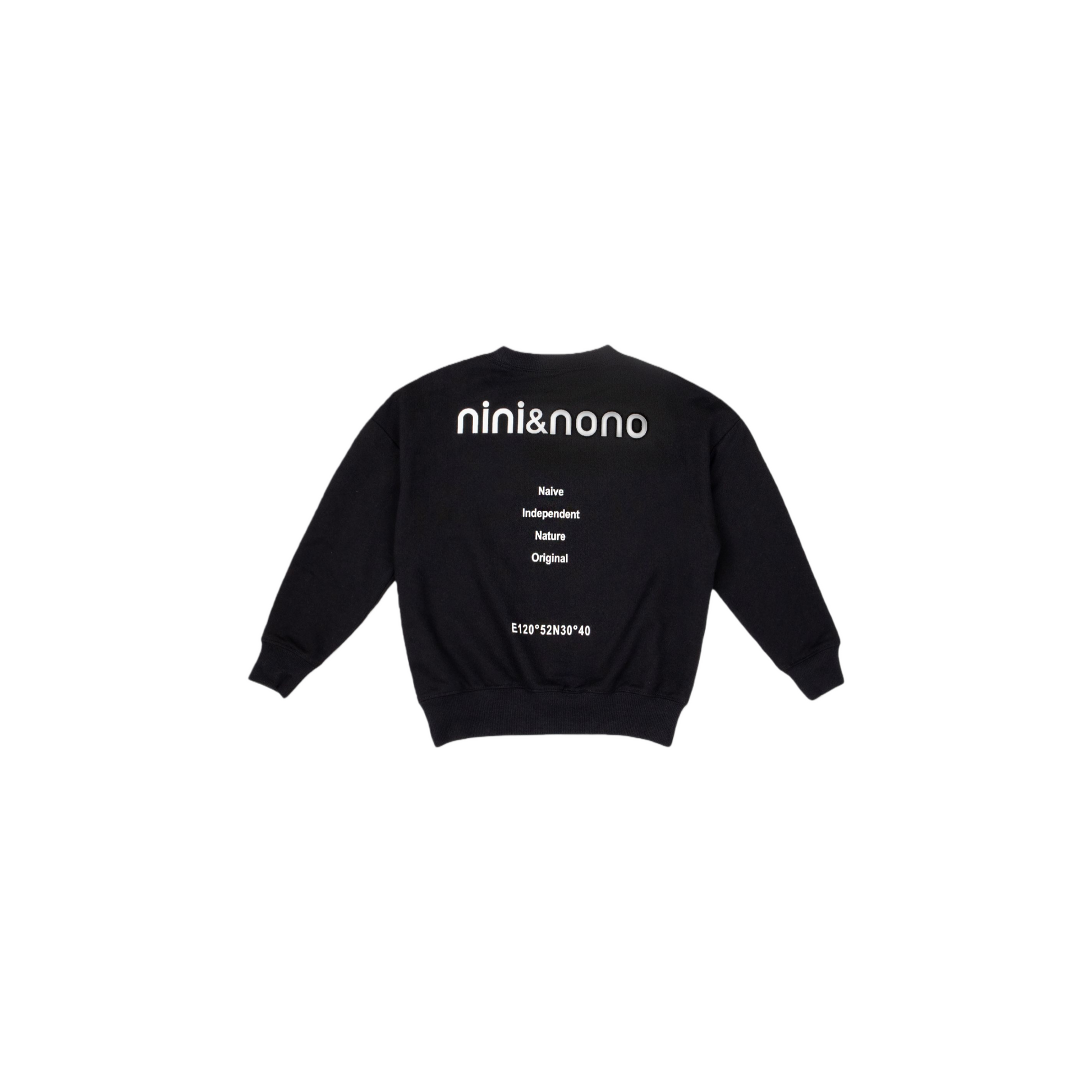 Full back view of the sweatshirt showing the clean tailoring and vertical branding detail.