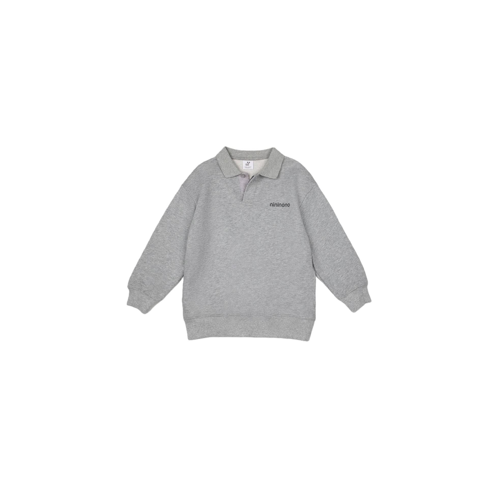 Front view of the light gray polo sweatshirt, highlighting the clean minimalist design and quality cotton texture.