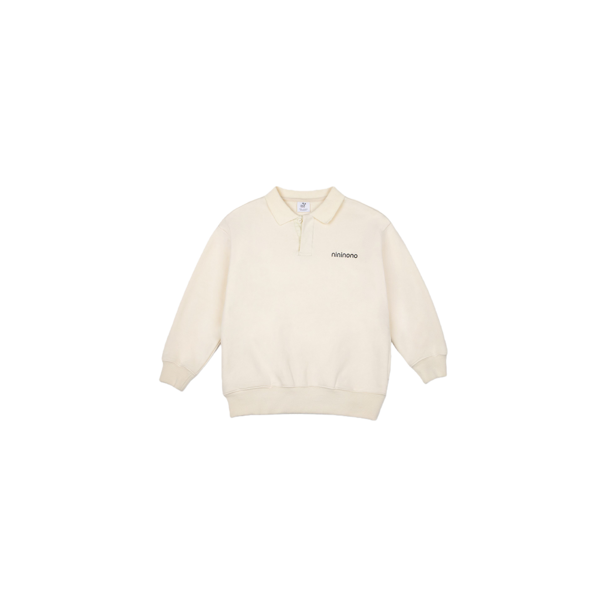 Front view of the khaki polo sweatshirt featuring the refined button collar and oversized silhouette.