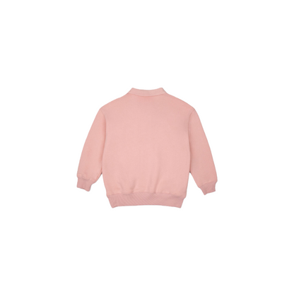 Back view of the pink sweatshirt highlighting the smooth loopback cotton finish and ribbed hem.