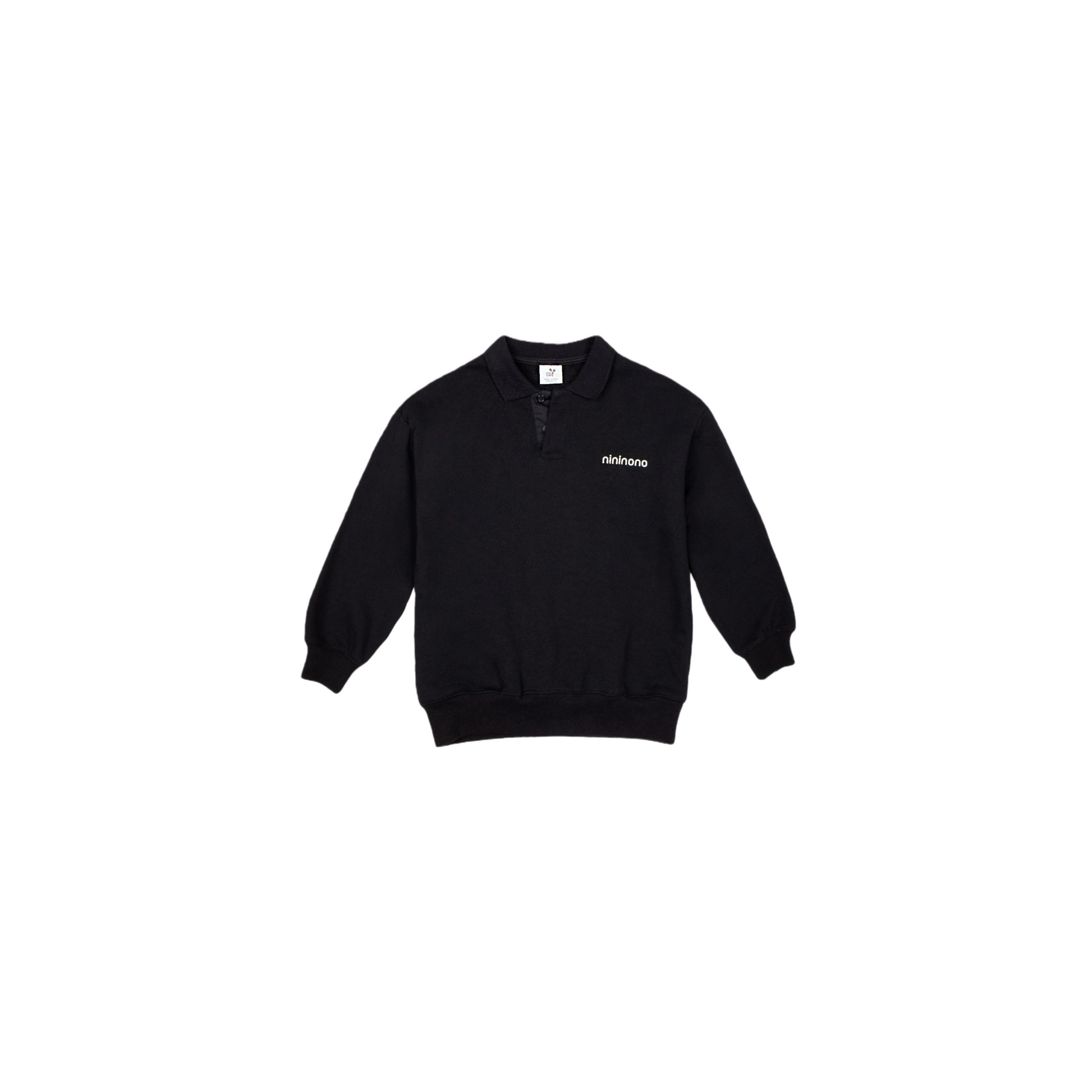 Front view of the classic black polo sweatshirt, a versatile modern essential for kids and teens.