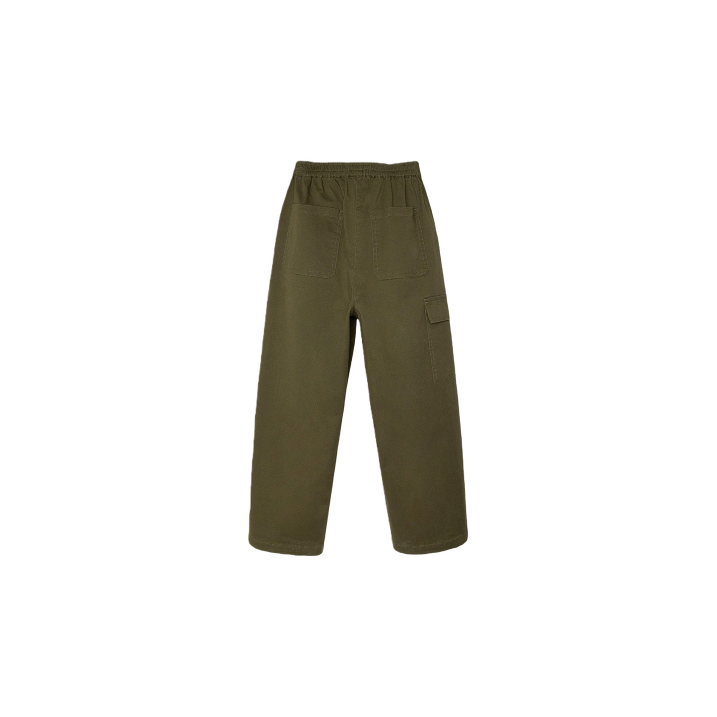 Full back view of the army green vintage workwear pants, showcasing the clean straight-leg cut and reinforced rear pocket design.