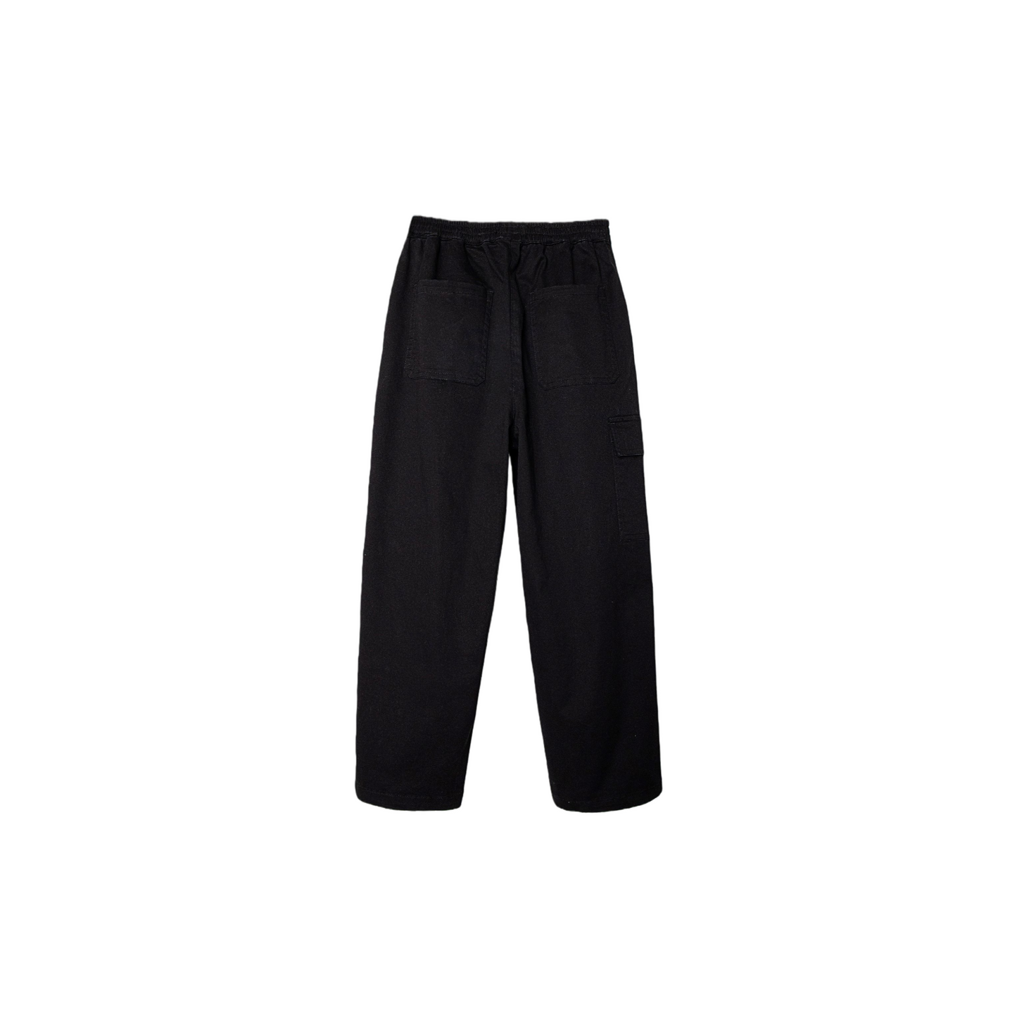 Full back view of the classic black utility pants, highlighting the durable matte fabric and the comfortable elastic waistband.