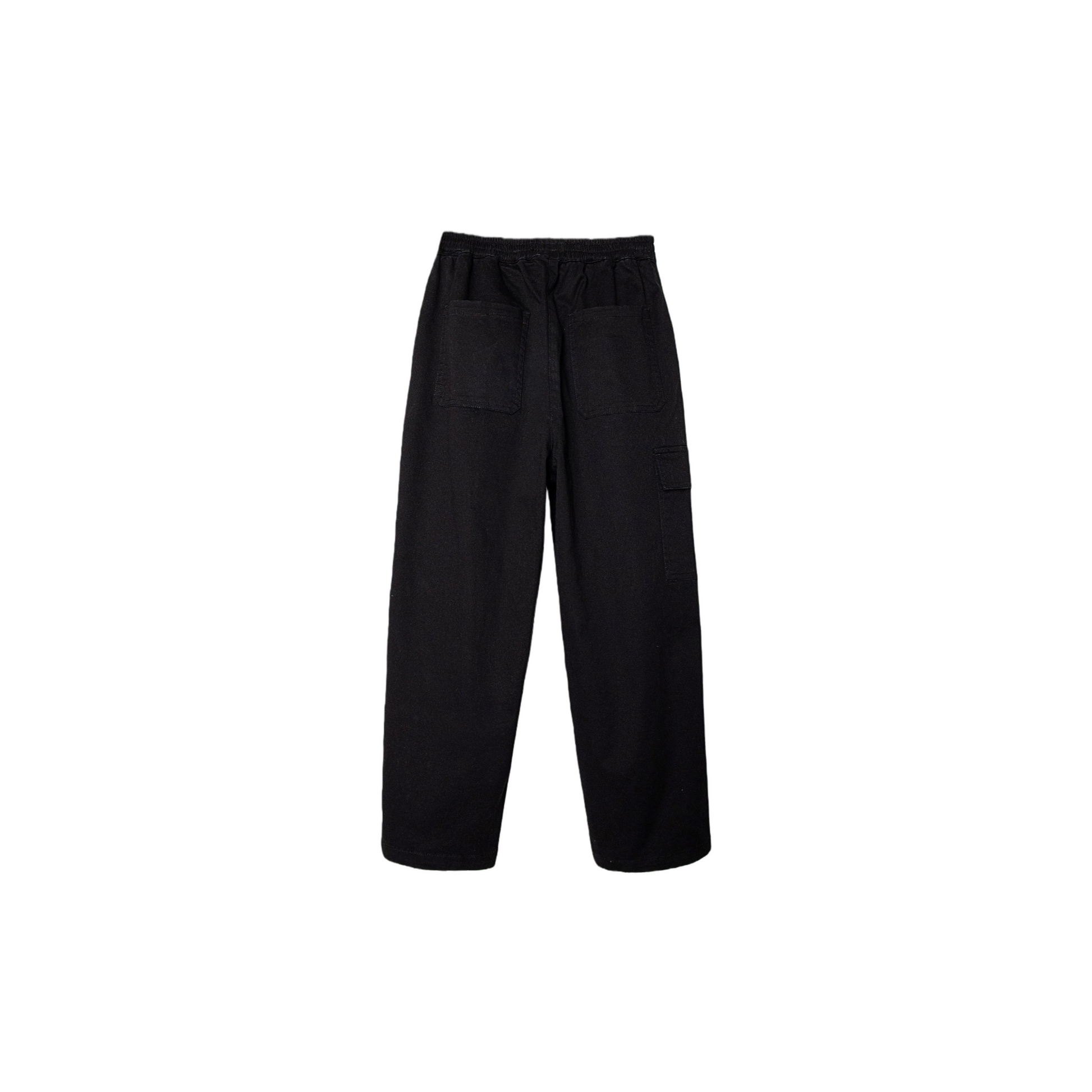 Full back view of the classic black utility pants, highlighting the durable matte fabric and the comfortable elastic waistband.