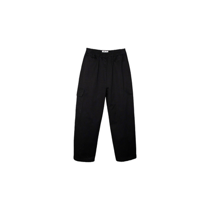 Full front view of the classic black vintage workwear pants, showcasing the sleek, minimalist utility look and premium cotton-blend fabric.