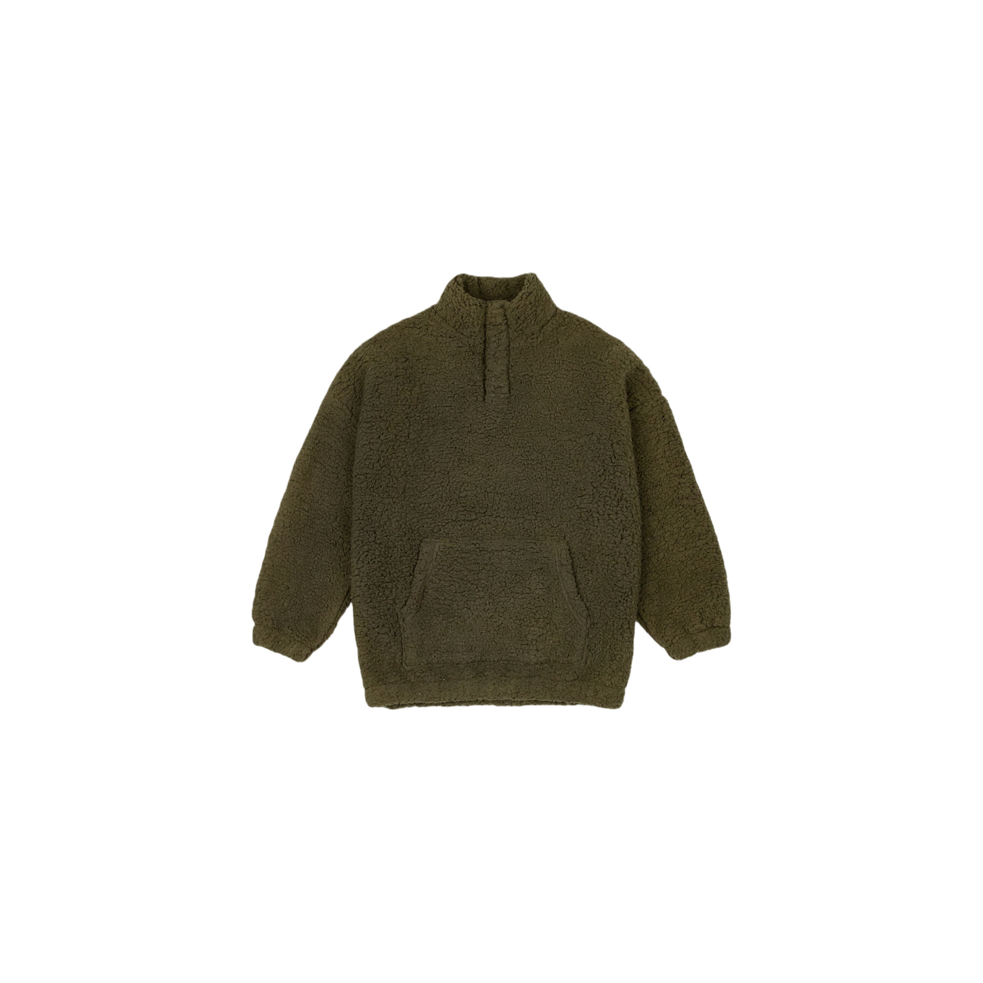 Ogender unisex oversized sherpa fleece pullover jacket in olive green, soft anti-pilling cotton fleece.