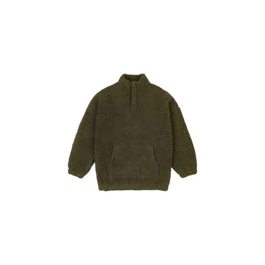 Ogender unisex oversized sherpa fleece pullover jacket in olive green, soft anti-pilling cotton fleece.