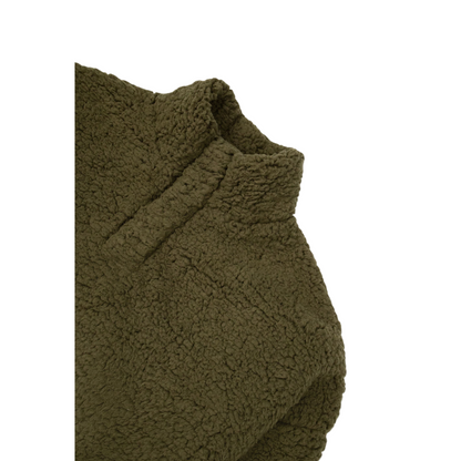 The pullover features a stand-up collar for wind protection and warmth.