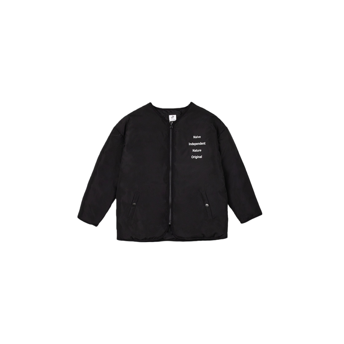 Front view of the black oversized collarless padded jacket for kids featuring minimalist white typography.