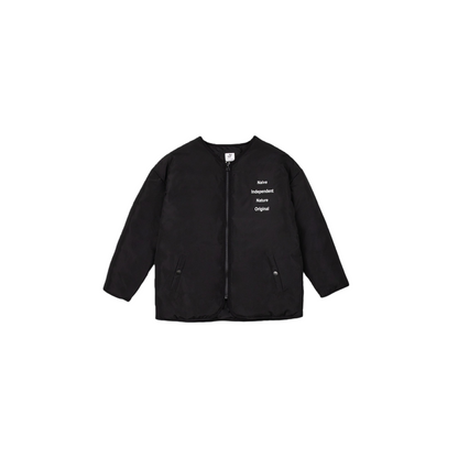 Front view of the black oversized collarless padded jacket for kids featuring minimalist white typography.