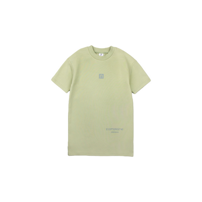 Front view of the ninø kids' avocado green sweatshirt dress, featuring a straight-cut silhouette and minimalist 3D silicone print.