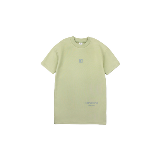 Front view of the ninø kids' avocado green sweatshirt dress, featuring a straight-cut silhouette and minimalist 3D silicone print.