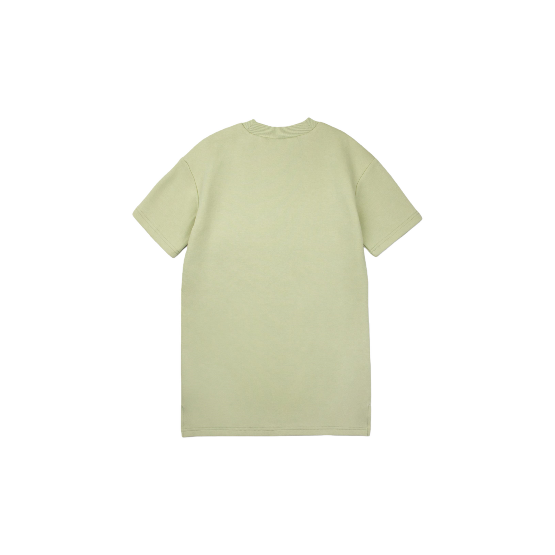 Back flat lay of the ninø kids' avocado green sweatshirt dress, showcasing the clean minimalist silhouette and premium Korean cotton fabric.