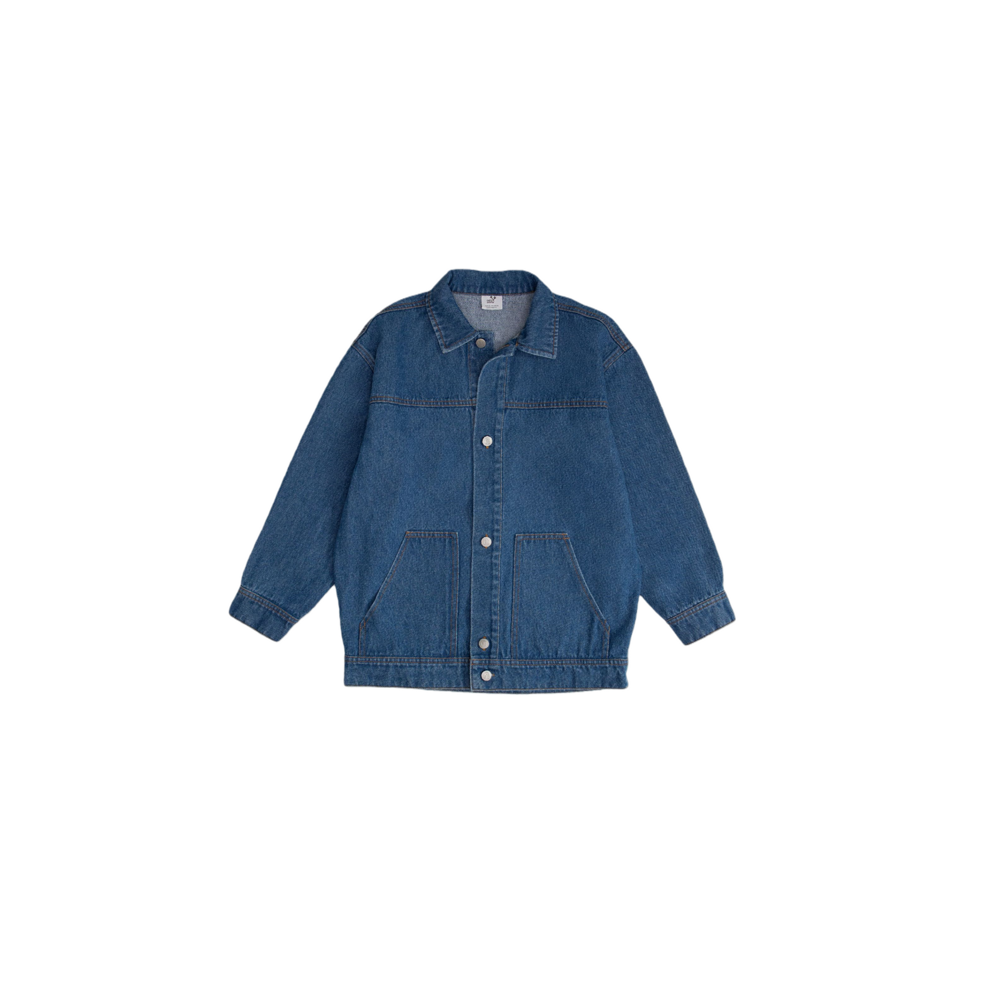 Front view of the ninø kids' oversized denim jacket in a classic vintage blue wash.