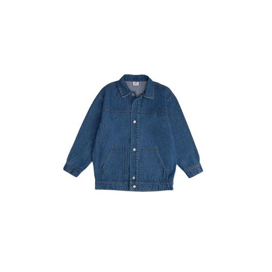 Front view of the ninø kids' oversized denim jacket in a classic vintage blue wash.