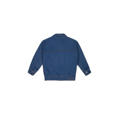 Back view of the blue denim jacket, highlighting the clean structured panels and high-quality wash.