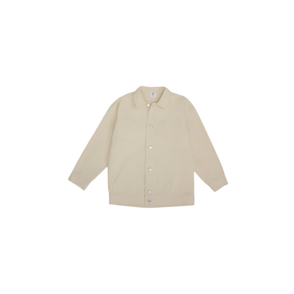 Front view of the ninø kids' khaki workwear denim jacket, 100% cotton with a minimalist industrial design.