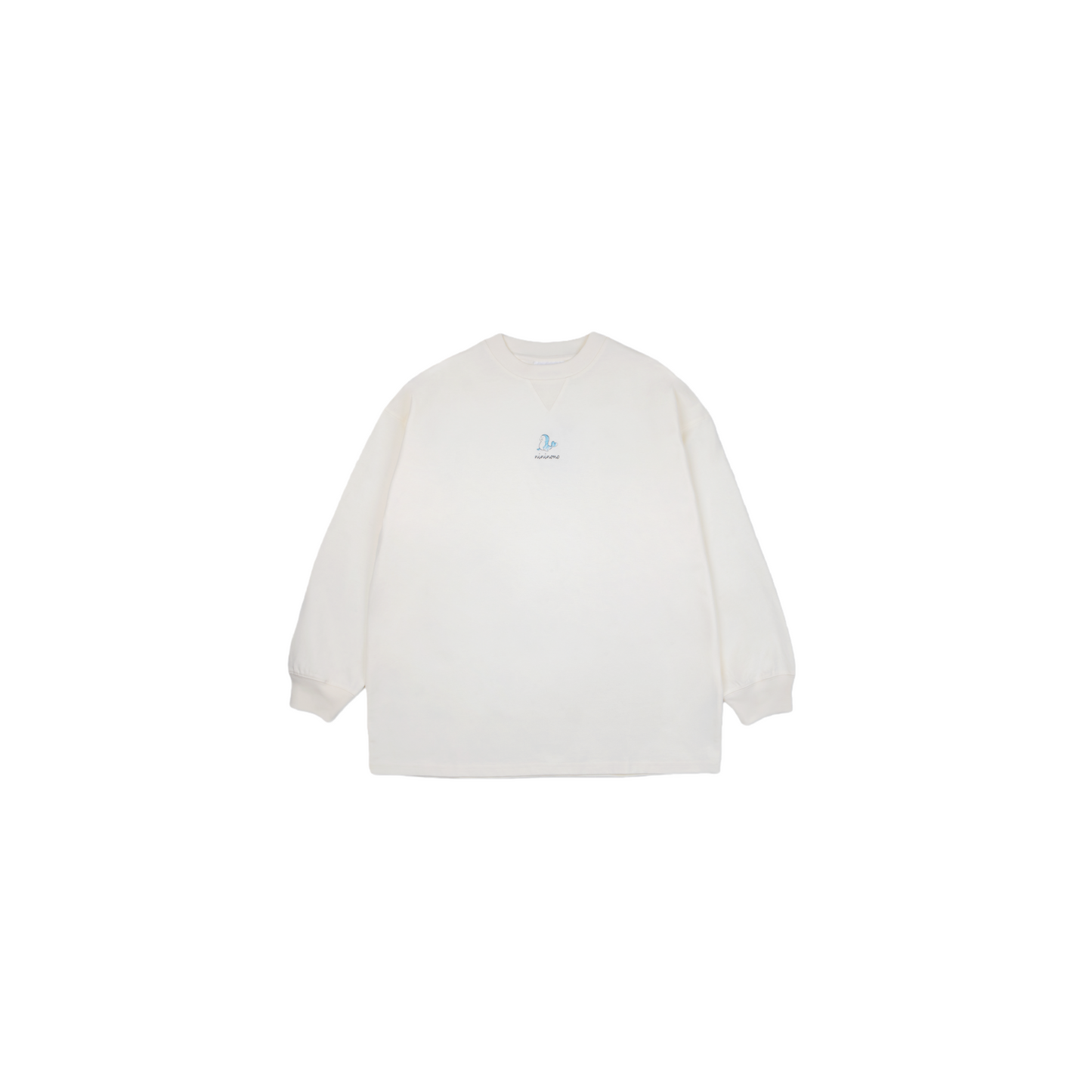 Front view of the unisex oversized long-sleeve tee in off-white, featuring a dolphin and handwritten logo print.