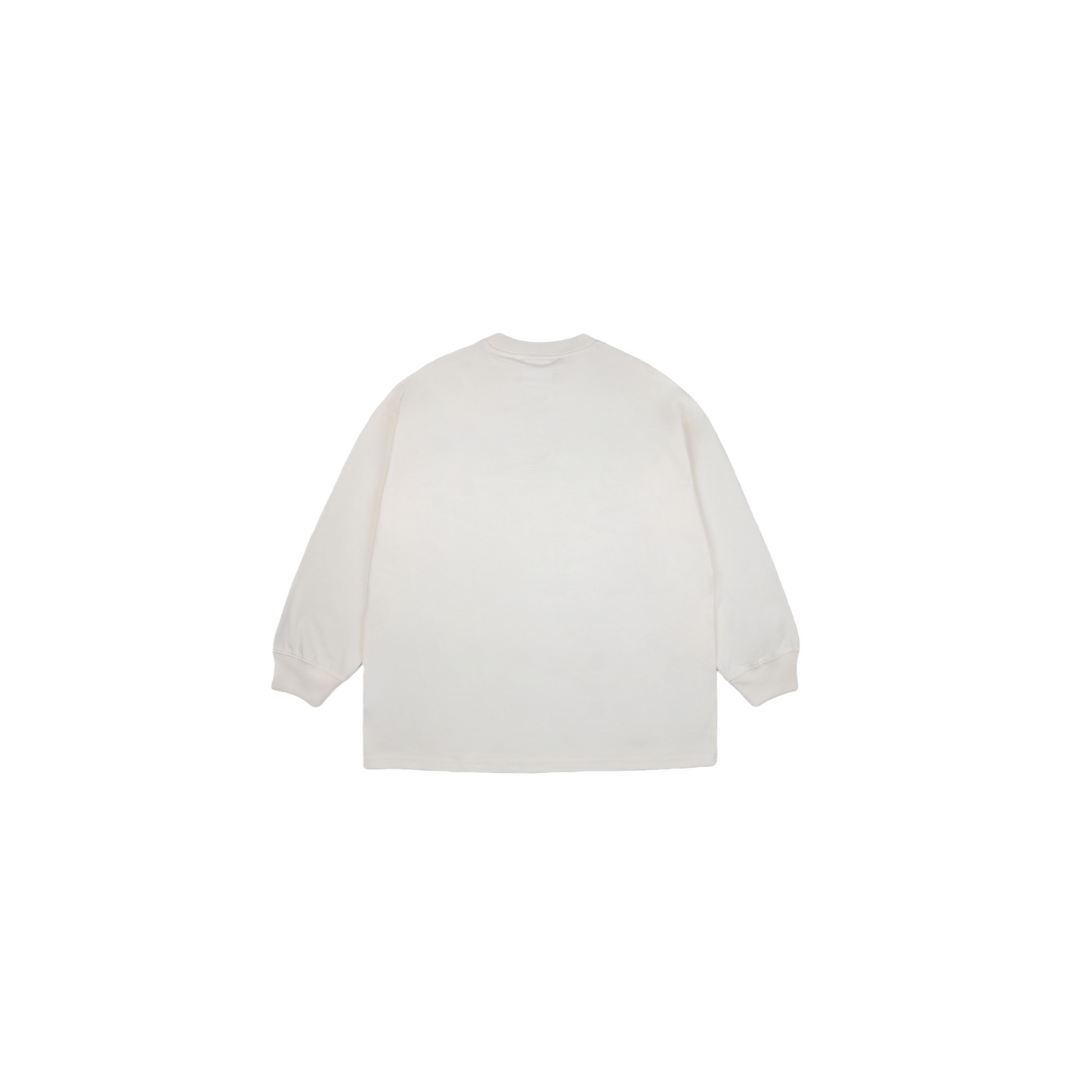 Full back view of the off-white long-sleeve tee, highlighting the clean minimalist design, drop-shoulder silhouette, and premium ribbed hem and cuffs.