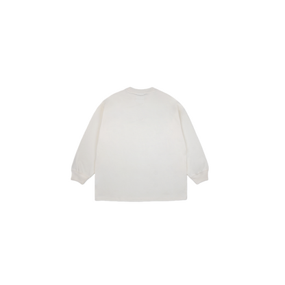 Full back view of the off-white long-sleeve tee, highlighting the clean minimalist design, drop-shoulder silhouette, and premium ribbed hem and cuffs.