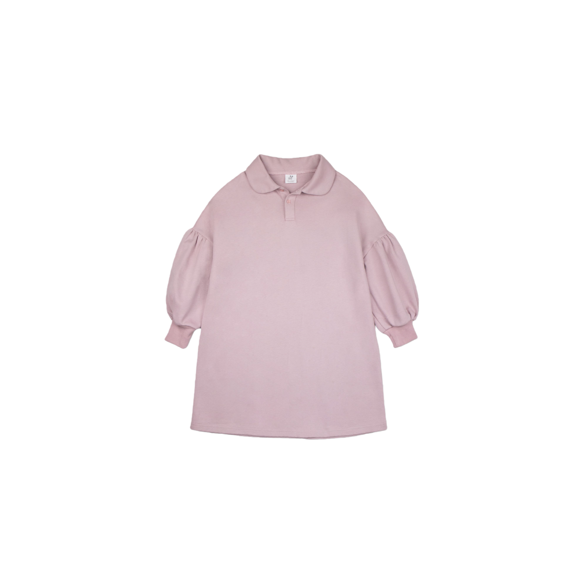 Ogender kids polo collar sweatshirt dress in taro purple, featuring playful puff sleeves and 100% cotton fabric.