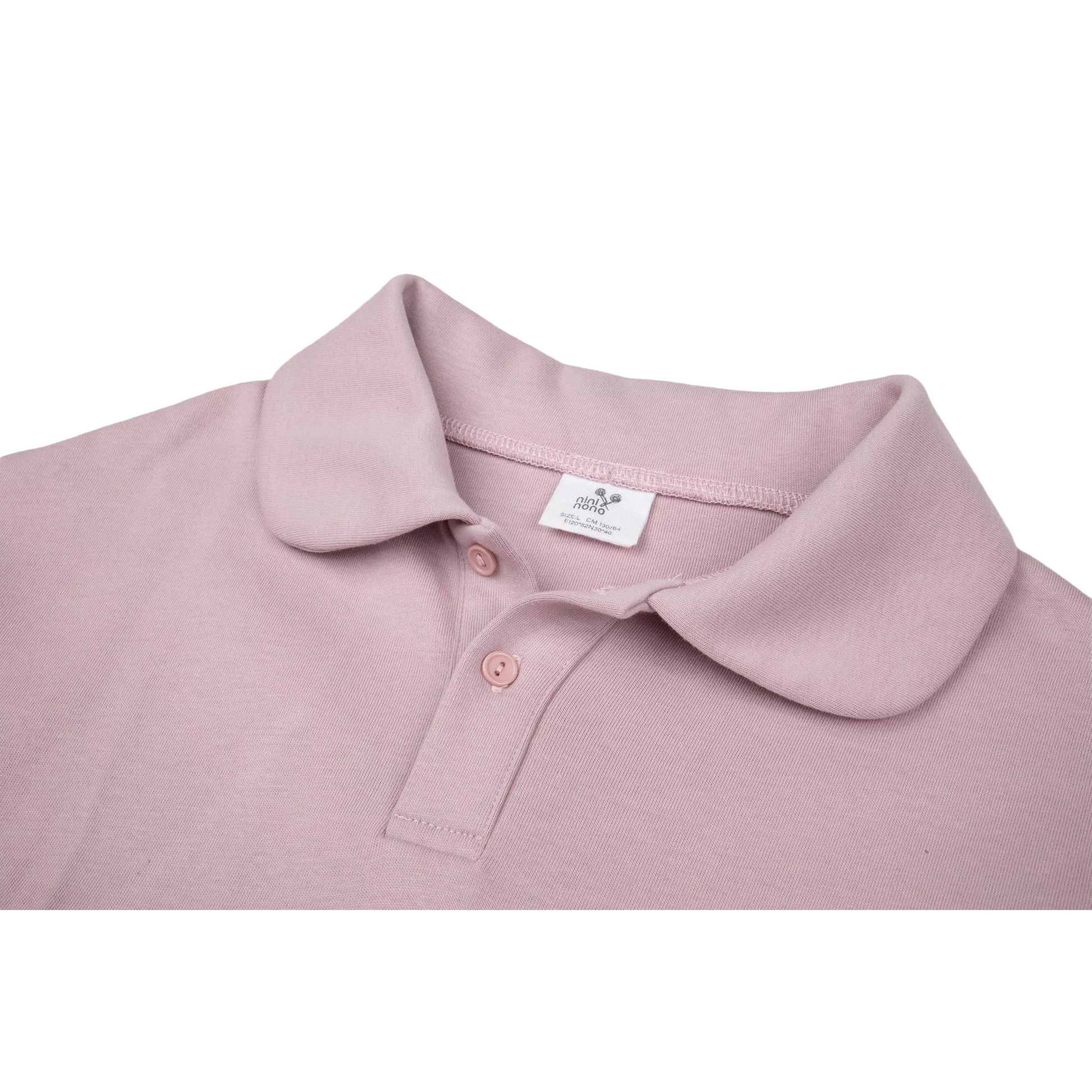 Close-up of the polo collar and button placket on the heavyweight purple cotton dress.