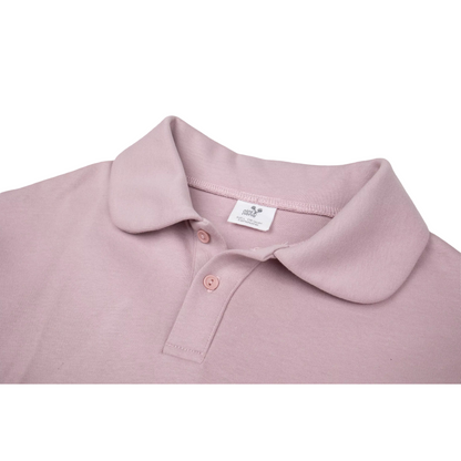 Close-up of the polo collar and button placket on the heavyweight purple cotton dress.