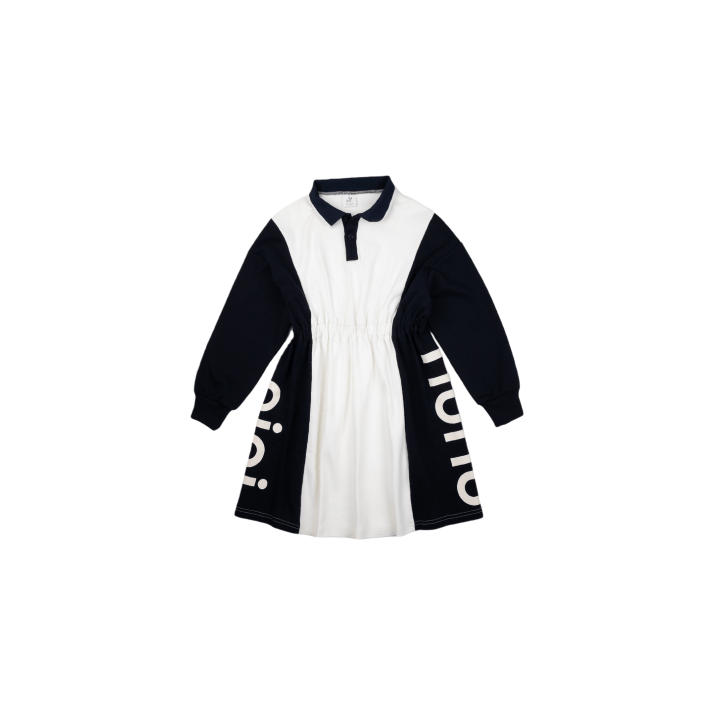 Front view of the ninø kids' color-blocking polo dress, featuring a dark navy and white design with an elastic waist and side logo graphics.