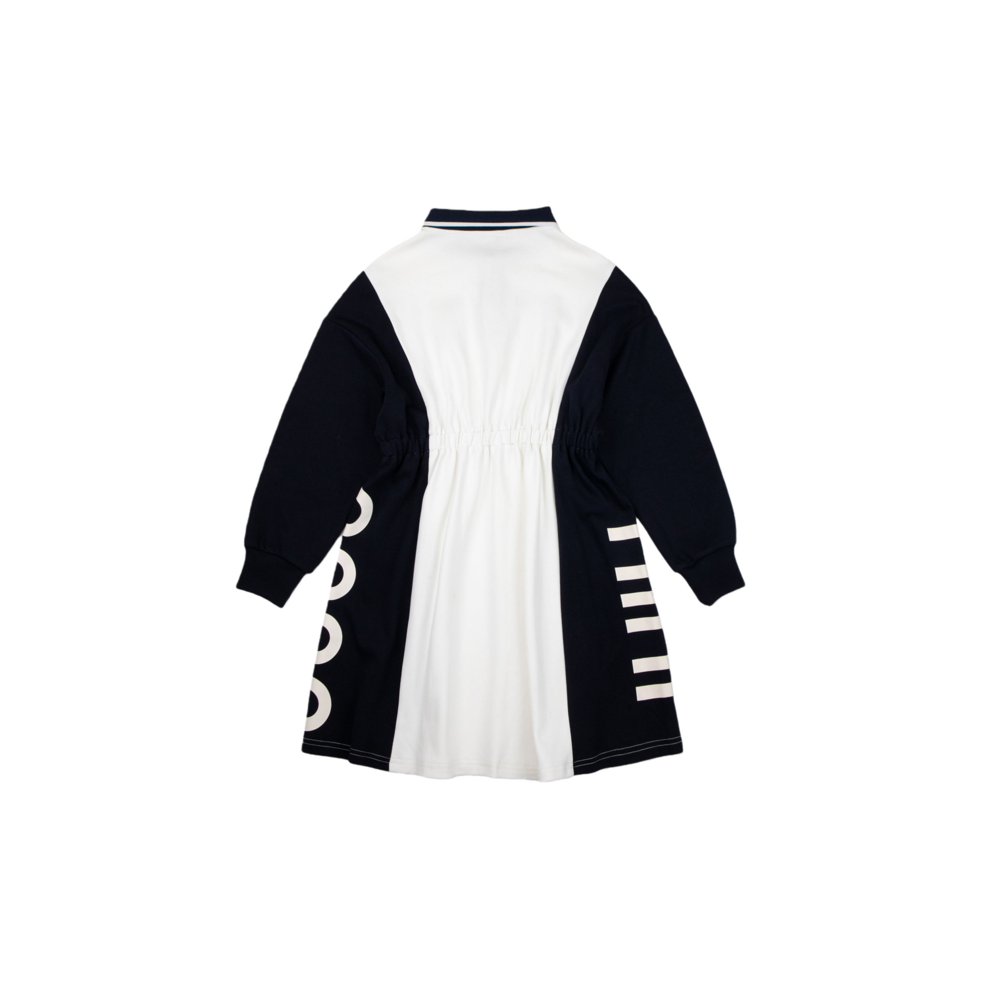 Back flat lay of the preppy polo dress, highlighting the clean navy and white paneling and the elasticated waistband for a comfortable fit.