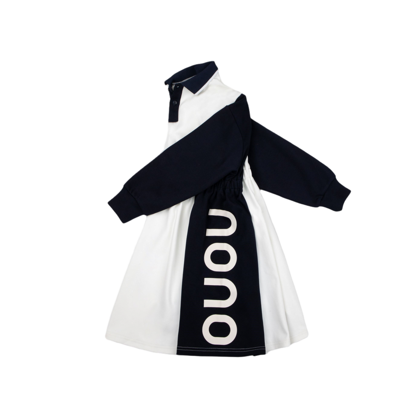Side view of the dress highlighting the bold "nono" logo print on the dark navy side panel.