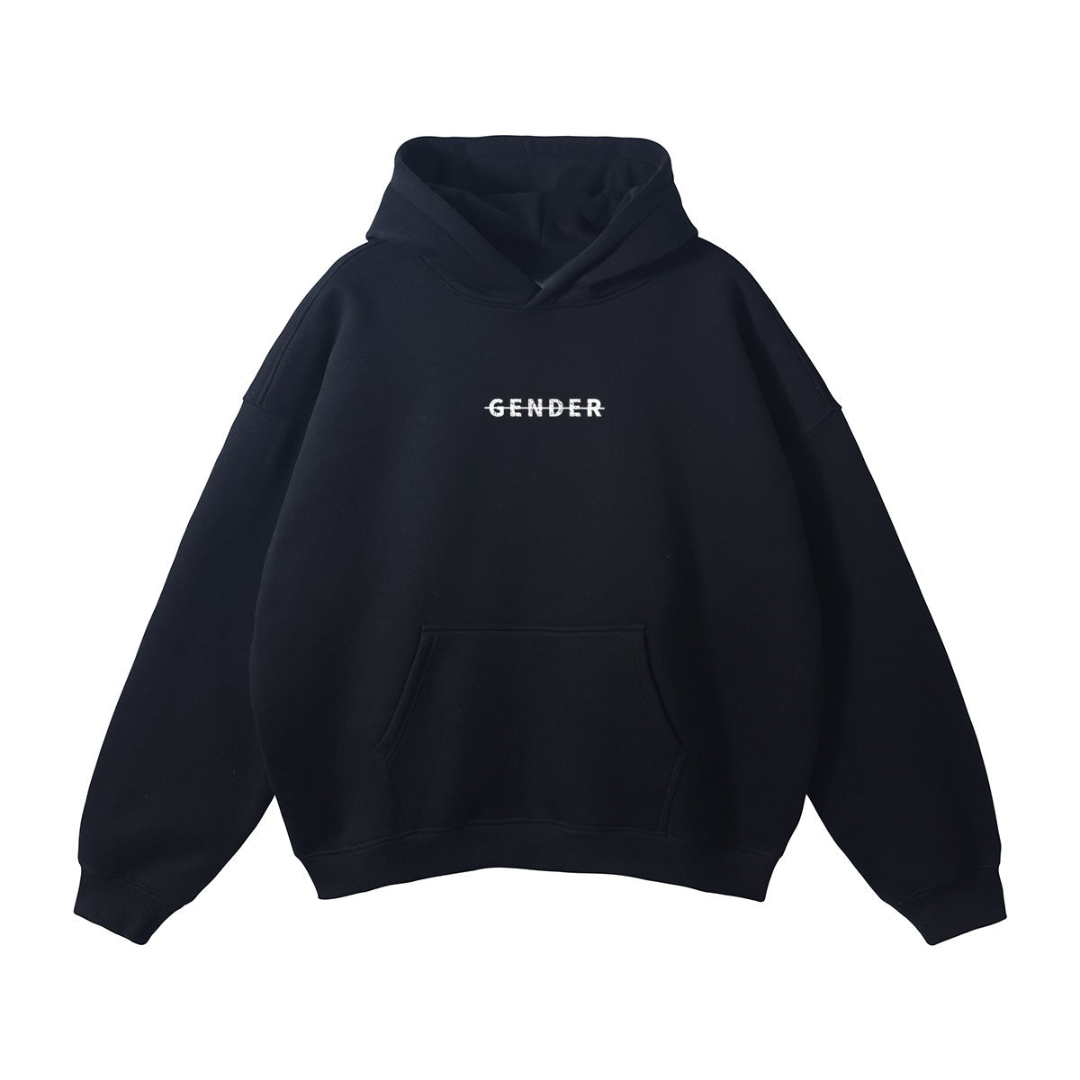 ØGENDER black premium oversized hoodie featuring "Gender" minimalist text, warm fleece interior for winter streetwear.