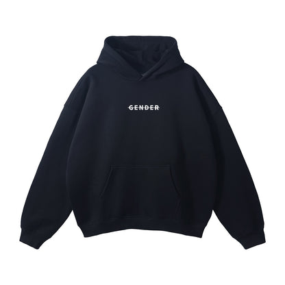 ØGENDER black premium oversized hoodie featuring "Gender" minimalist text, warm fleece interior for winter streetwear.