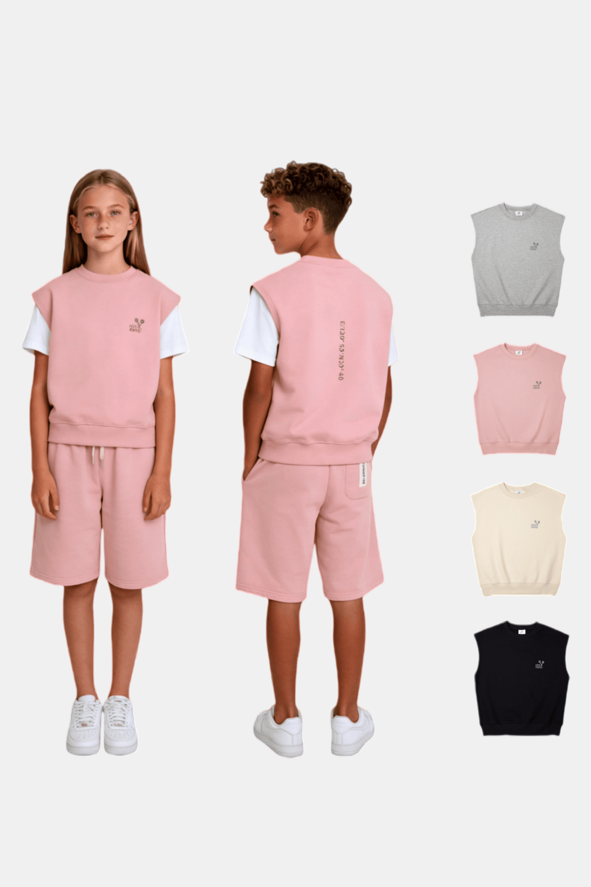 OGENDER Korean Style Basic Vests: Regular fit unisex tank tops in 4 colors for kids, paired with matching sweat shorts for a clean everyday look.