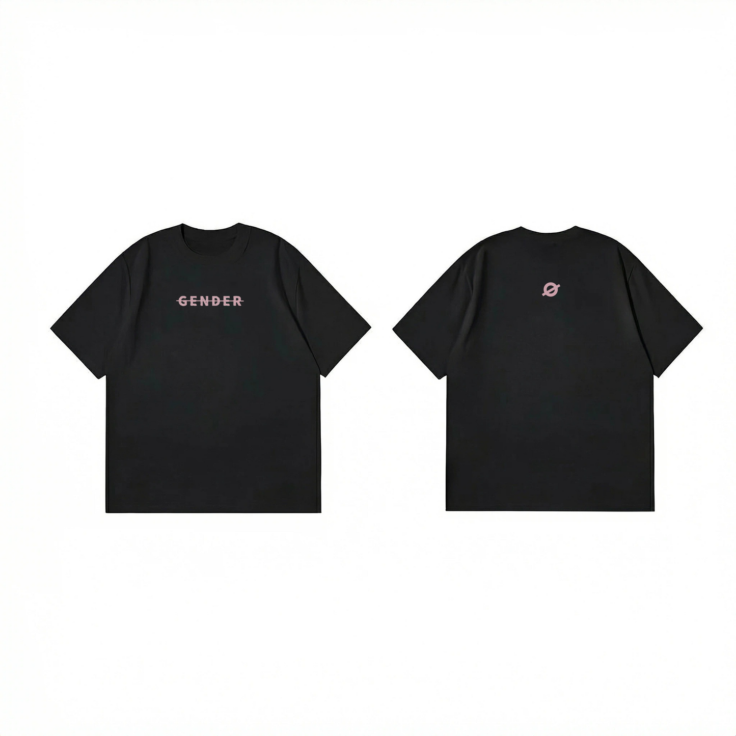 Front and back view of ØGENDER black oversized t-shirt, showcasing the chest brand name and large "Ø" back graphic.