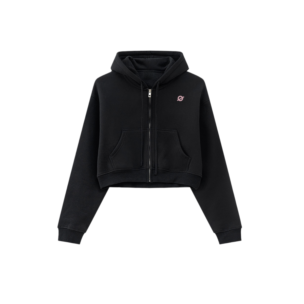 Front view of ØGENDER black cropped zip-up hoodie, featuring the signature "Ø" logo on the chest, oversized fleece-lined streetwear.