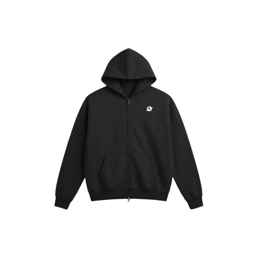 ØGENDER black full-zip oversized hoodie with "Ø" minimalist branding, high-quality fleece-lined streetwear for men and women.