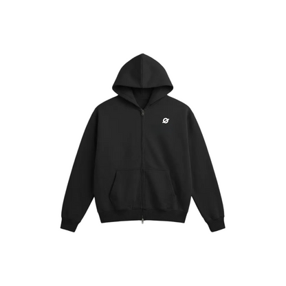 ØGENDER black full-zip oversized hoodie with "Ø" minimalist branding, high-quality fleece-lined streetwear for men and women.