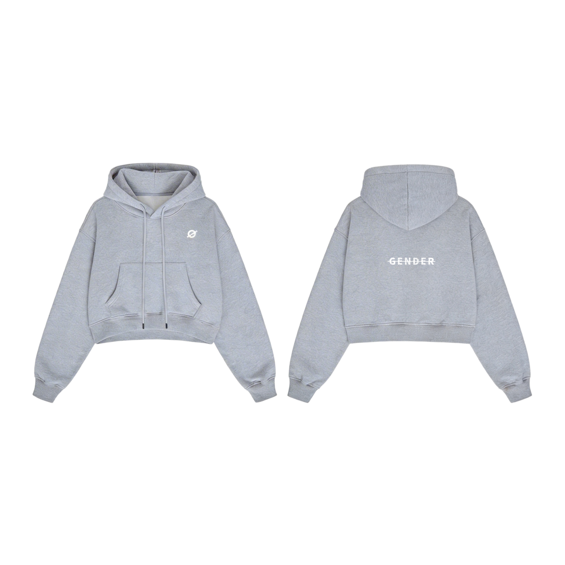 Front and back view of ØGENDER heather grey cropped hoodie, featuring the "Ø" logo on the front and "Gender" text graphic on the back.