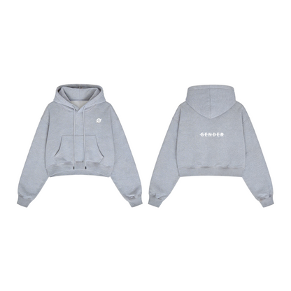 Front and back view of ØGENDER heather grey cropped hoodie, featuring the "Ø" logo on the front and "Gender" text graphic on the back.