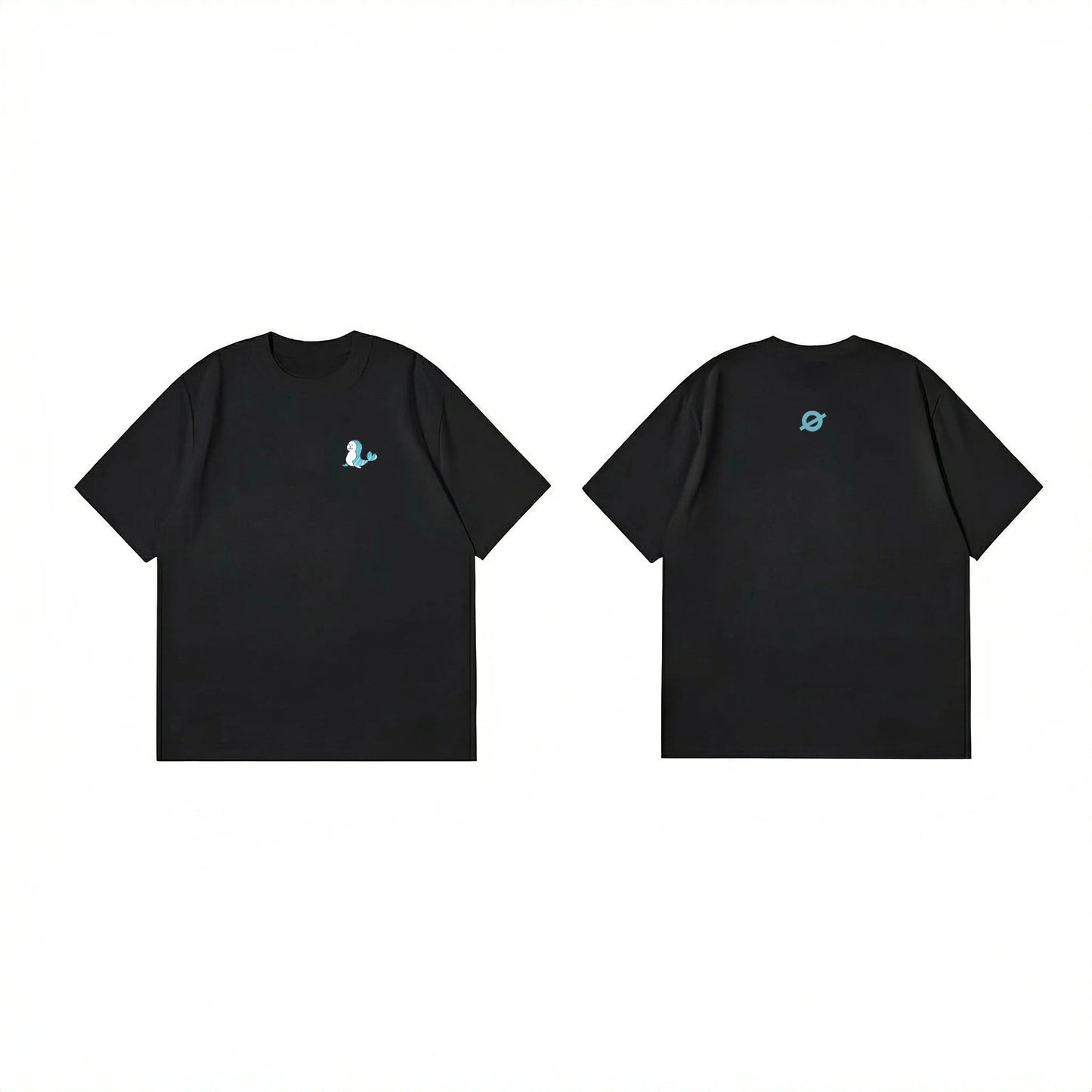 ØGENDER black oversized unisex tee with a minimalist blue dolphin graphic on the chest, 100% cotton.