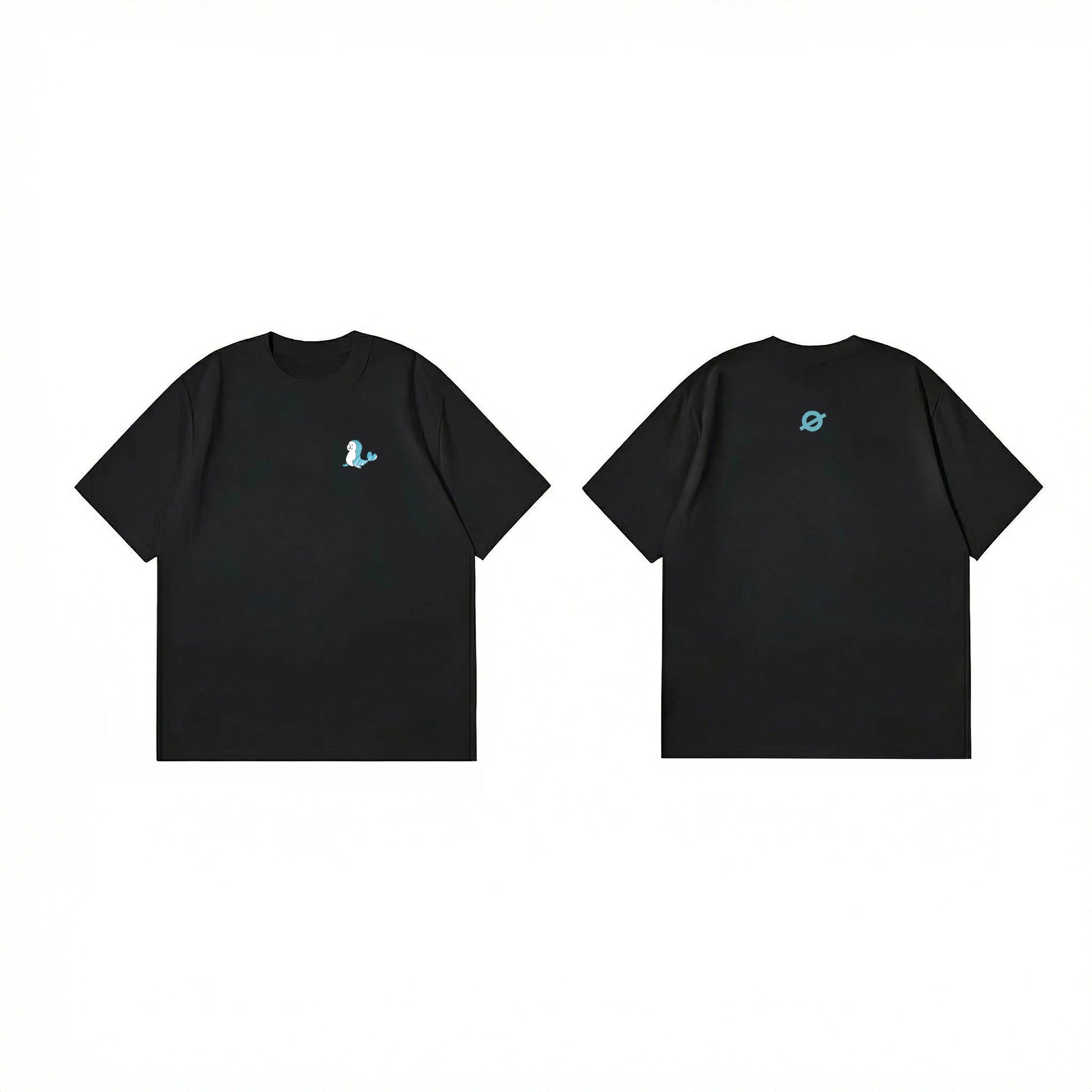 ØGENDER black oversized unisex tee with a minimalist blue dolphin graphic on the chest, 100% cotton.