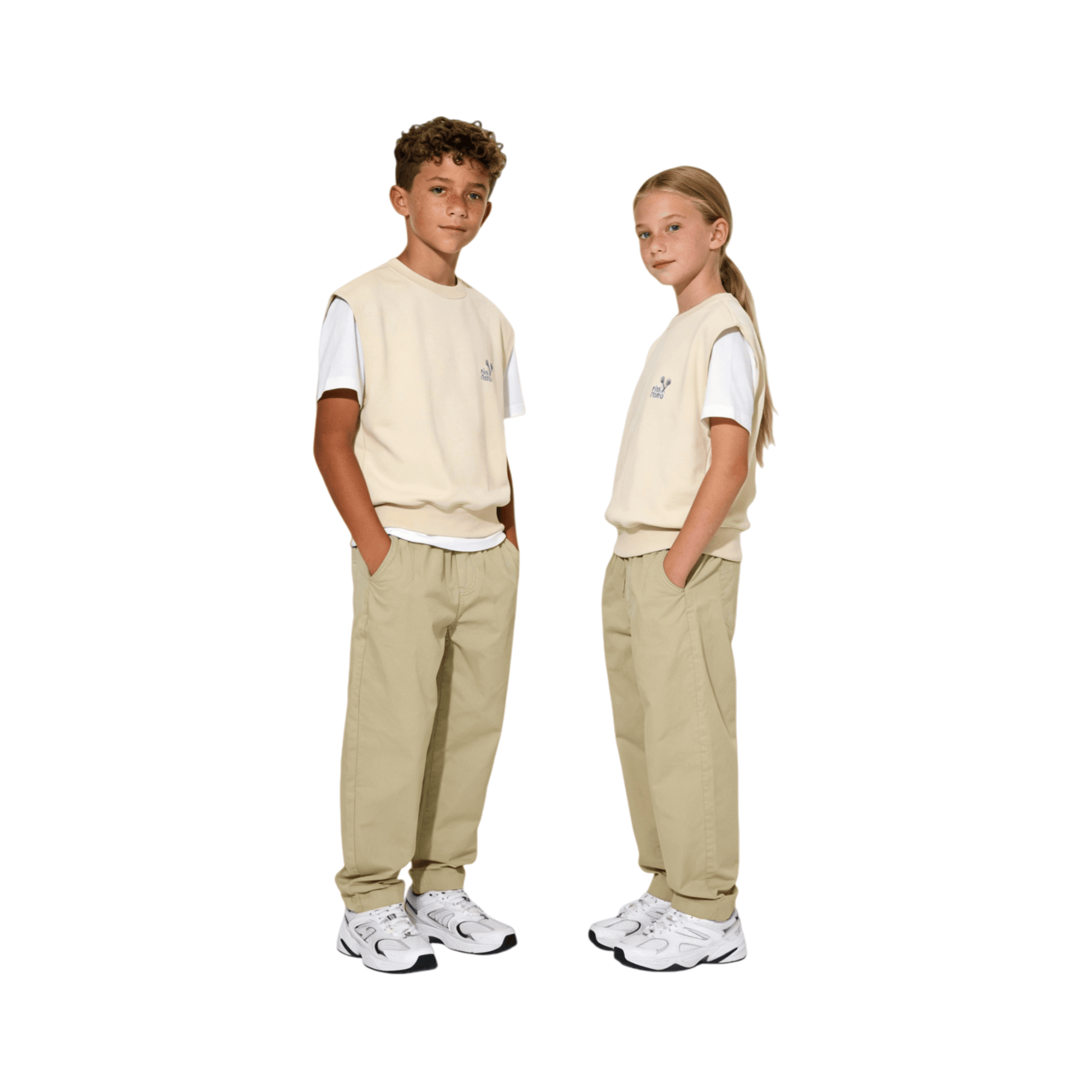 Boy and girl wearing matching light green cotton casual pants and cream vests, clean minimalist kids fashion.